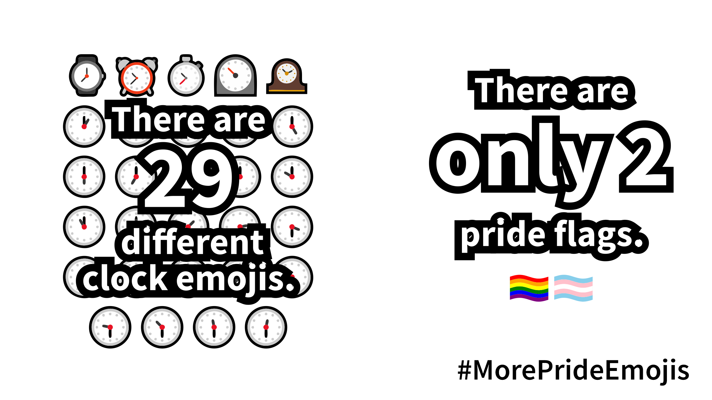 There are 29 different clock emoji and only 2 pride flag emoji